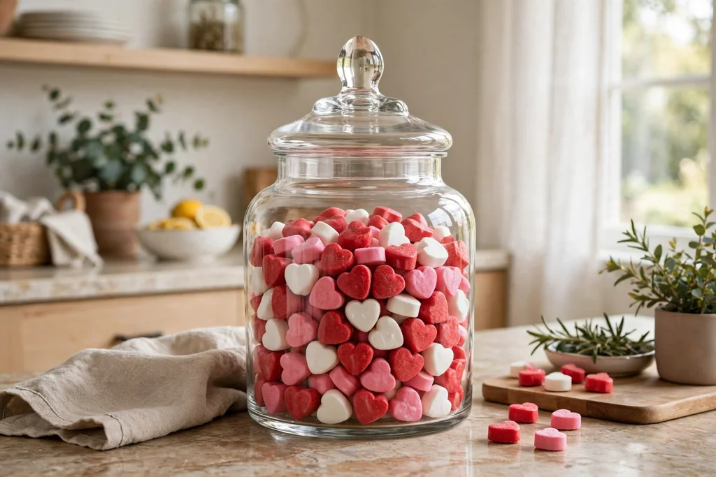 Glass apothecary jar filled with red, pink, and white candy hearts.