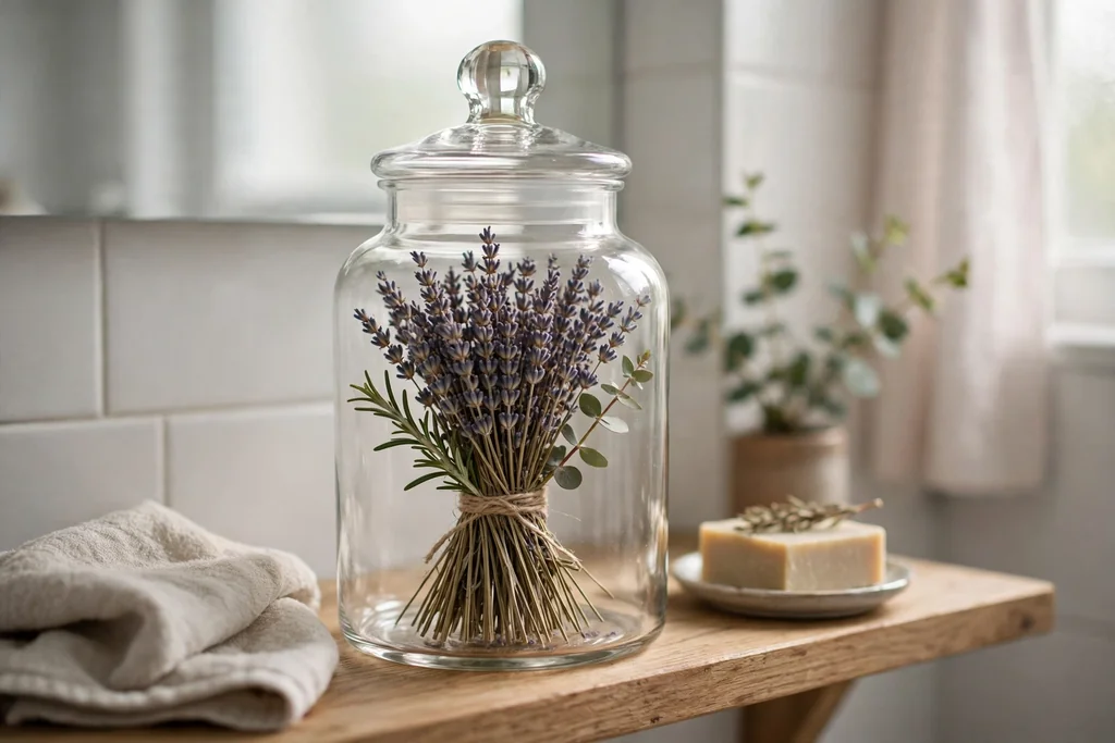 Glass apothecary jar holding a tied bundle of dried lavender and herb sprigs.