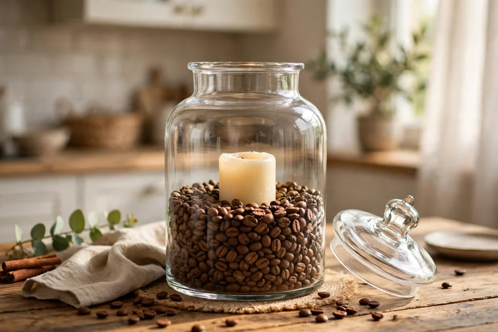 Glass apothecary jar half filled with coffee beans holding a short pillar candle in the center.