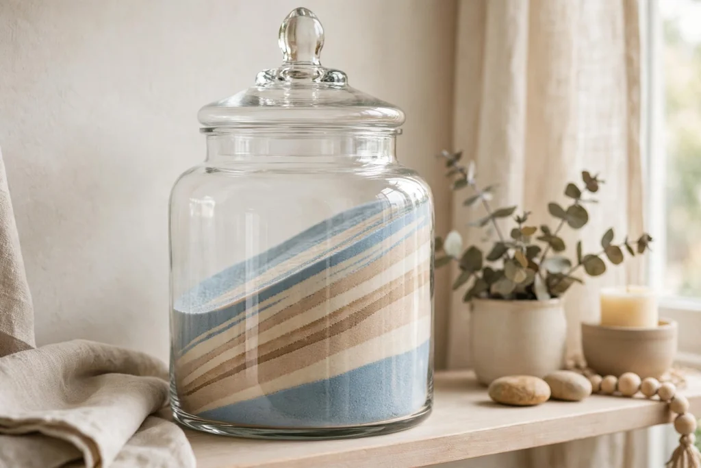 Glass apothecary jar with thin sloped layers of colored sand.