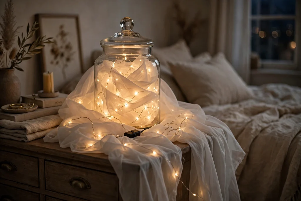 Glass apothecary jar glowing softly with battery fairy lights woven through white sheer fabric.