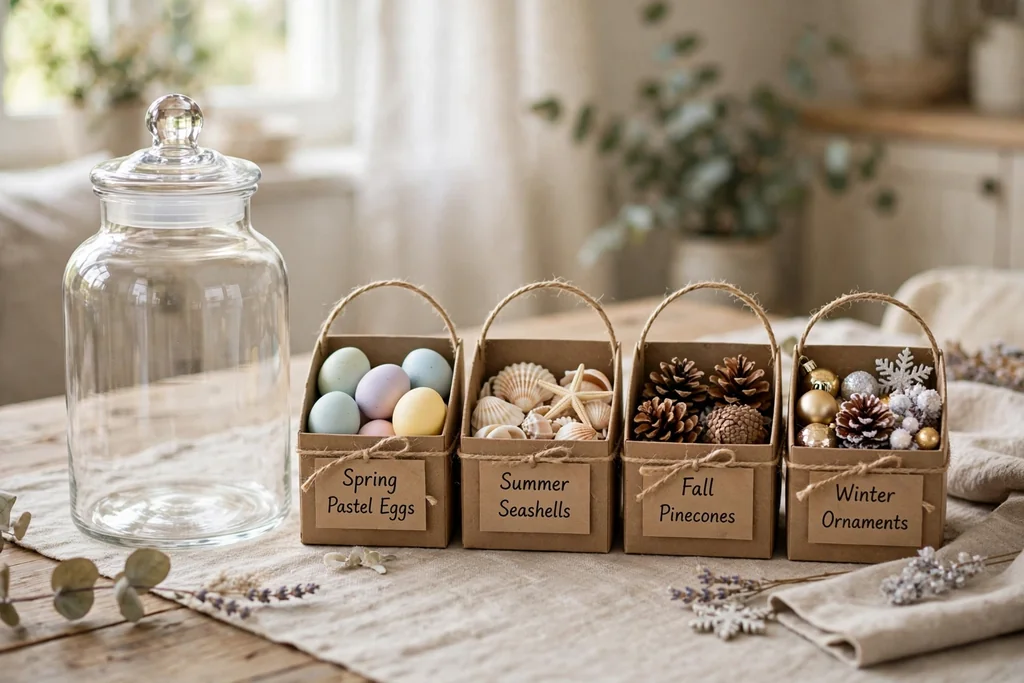 One glass apothecary jar on a table beside four small labeled boxes of seasonal fillers.