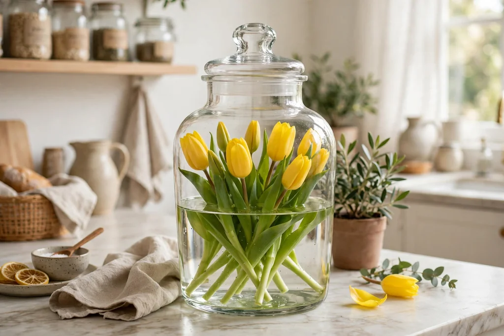 Glass apothecary jar holding fresh tulip stems in clear water.