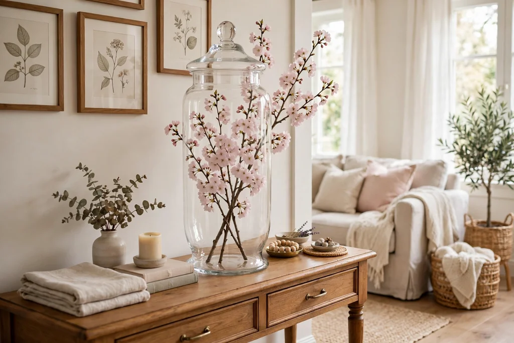 Tall glass apothecary jar with pale pink cherry blossom branches.