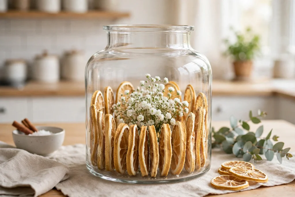 Glass apothecary jar with dried lemon slices around the inside wall and small white blooms in the center.