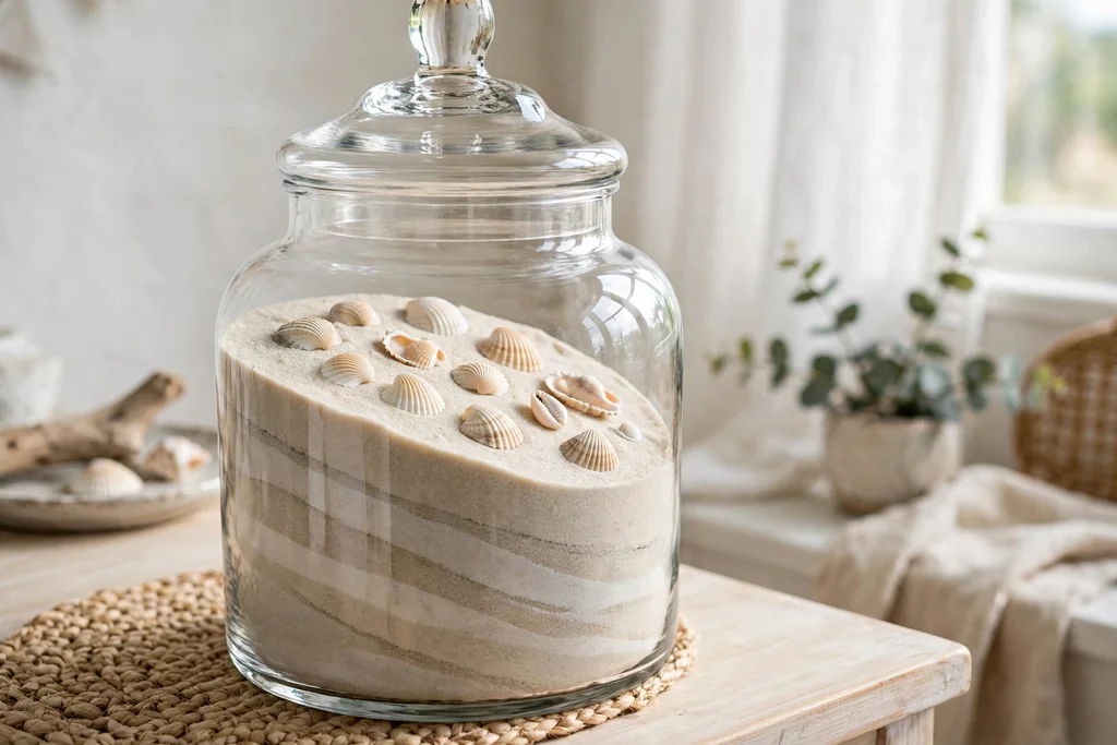Glass apothecary jar with sloped layers of sand and seashells pressed into the top layer.
