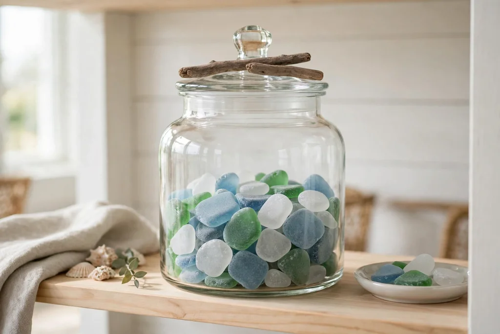 Glass apothecary jar half filled with sea glass and small driftwood pieces on top.