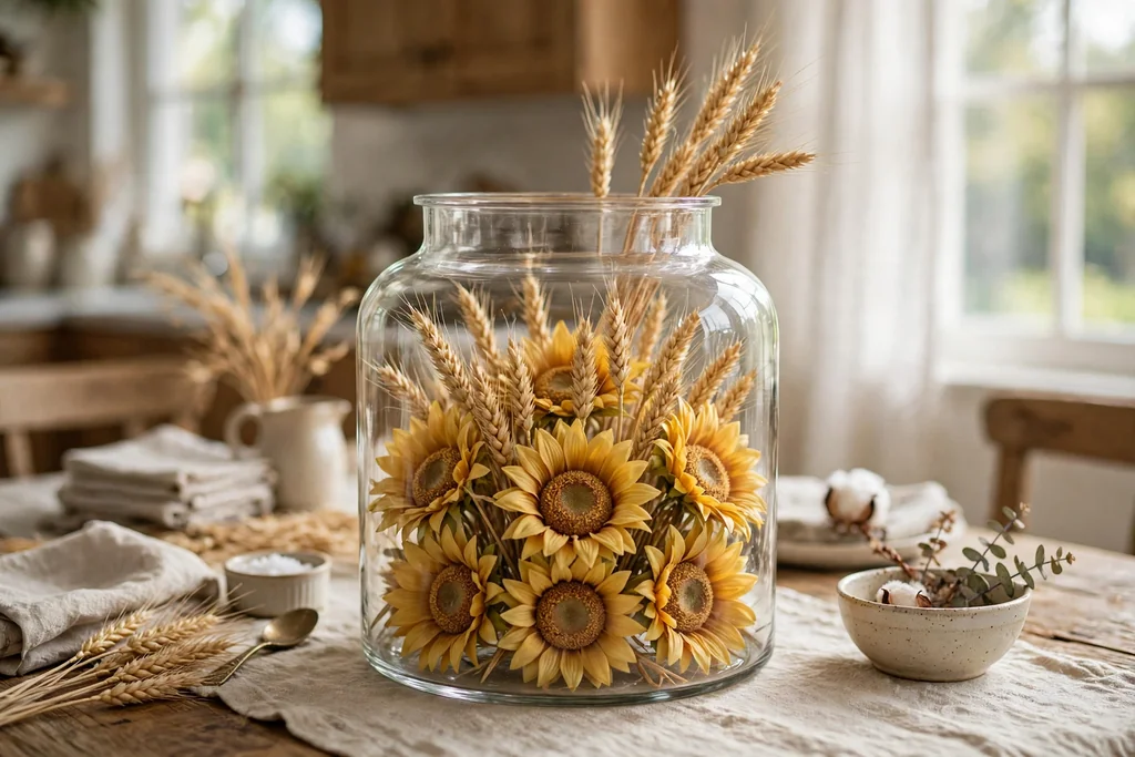 Wide mouth glass apothecary jar with faux sunflower heads and dried wheat stems.