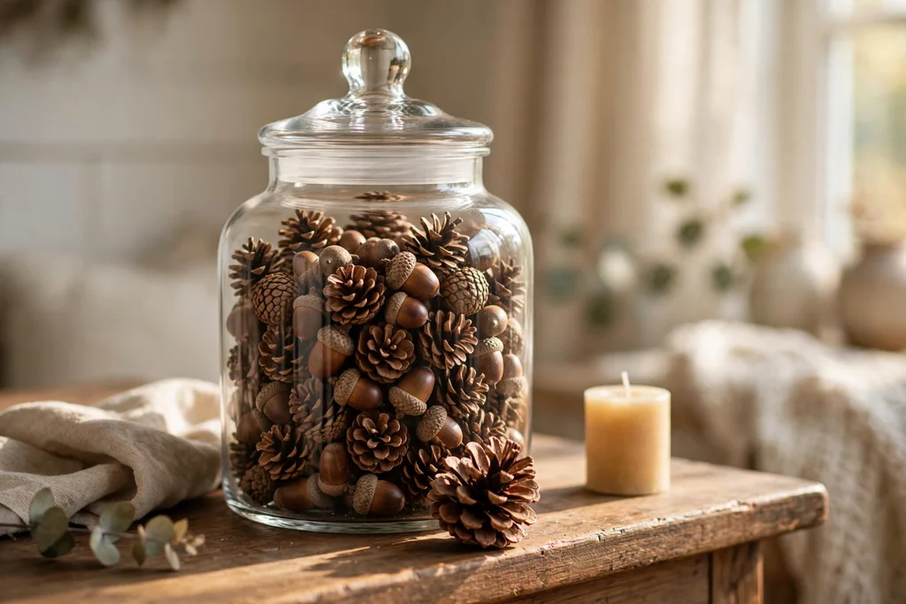 Glass apothecary jar filled with small pinecones and acorns tucked into the gaps.