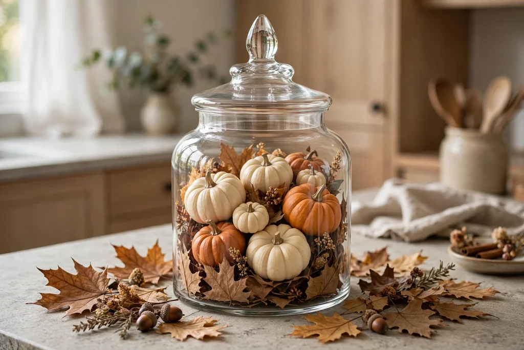 Glass apothecary jar with mini pumpkins nested on dried leaves.