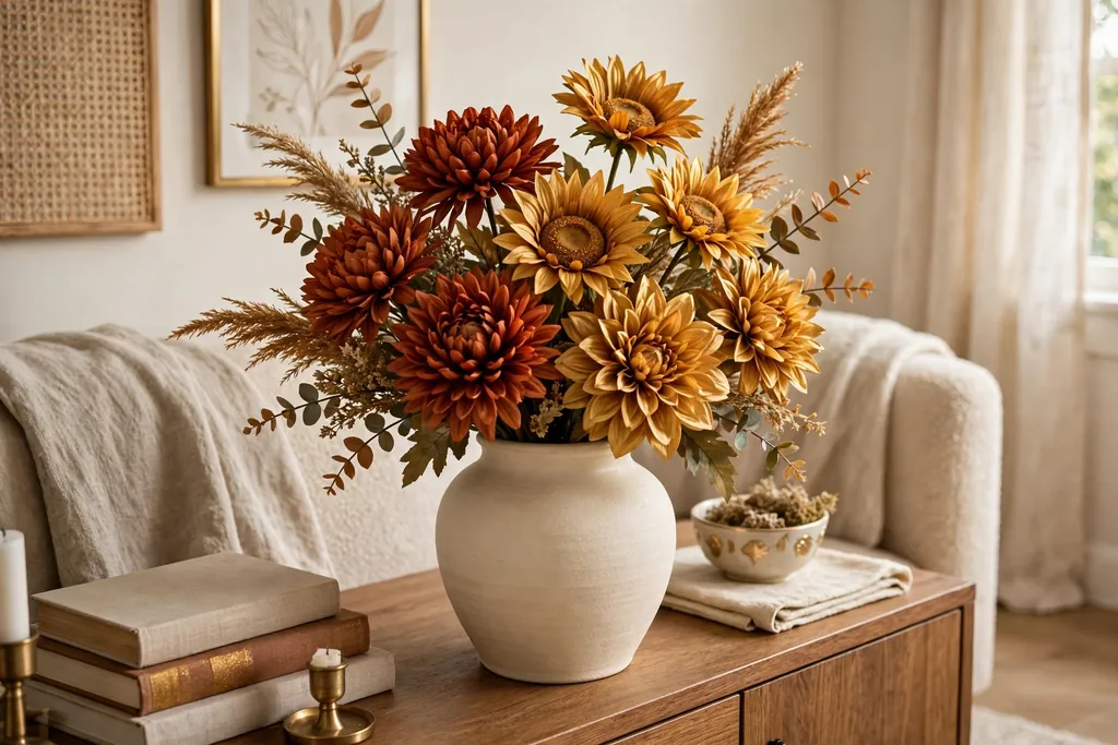 Rust and gold artificial mums and sunflowers in a cream ceramic vase.