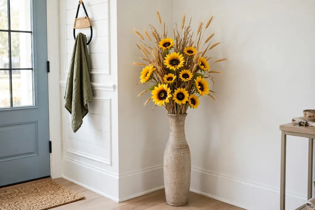 Tall floor vase with artificial sunflowers and wheat stems in an entryway.