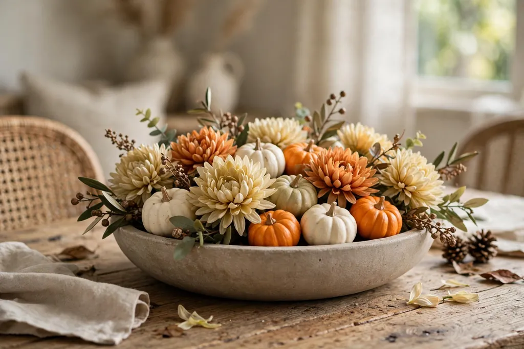 Low dining table centerpiece of artificial mums with mini pumpkins.