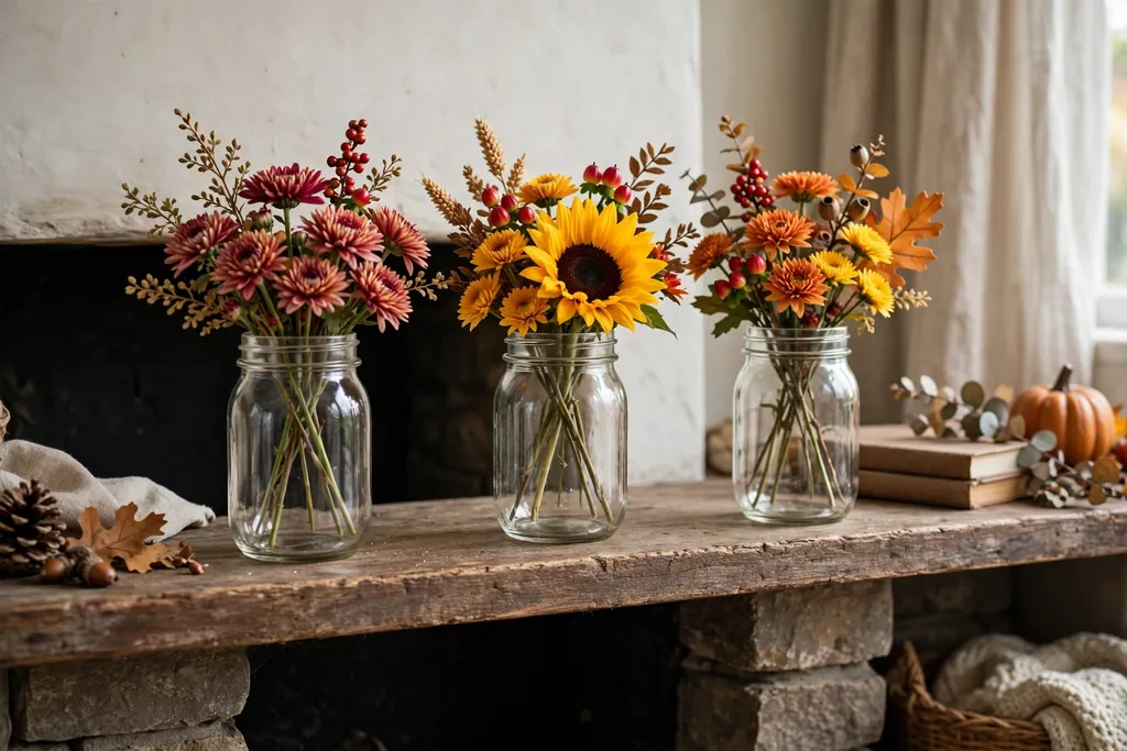 Three mason jars with artificial fall stems on a fireplace mantel.