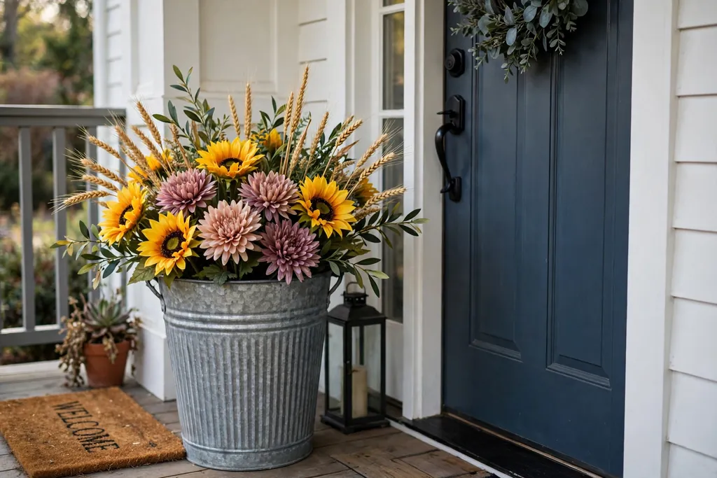 Galvanized bucket of artificial sunflowers and mums beside a front door.