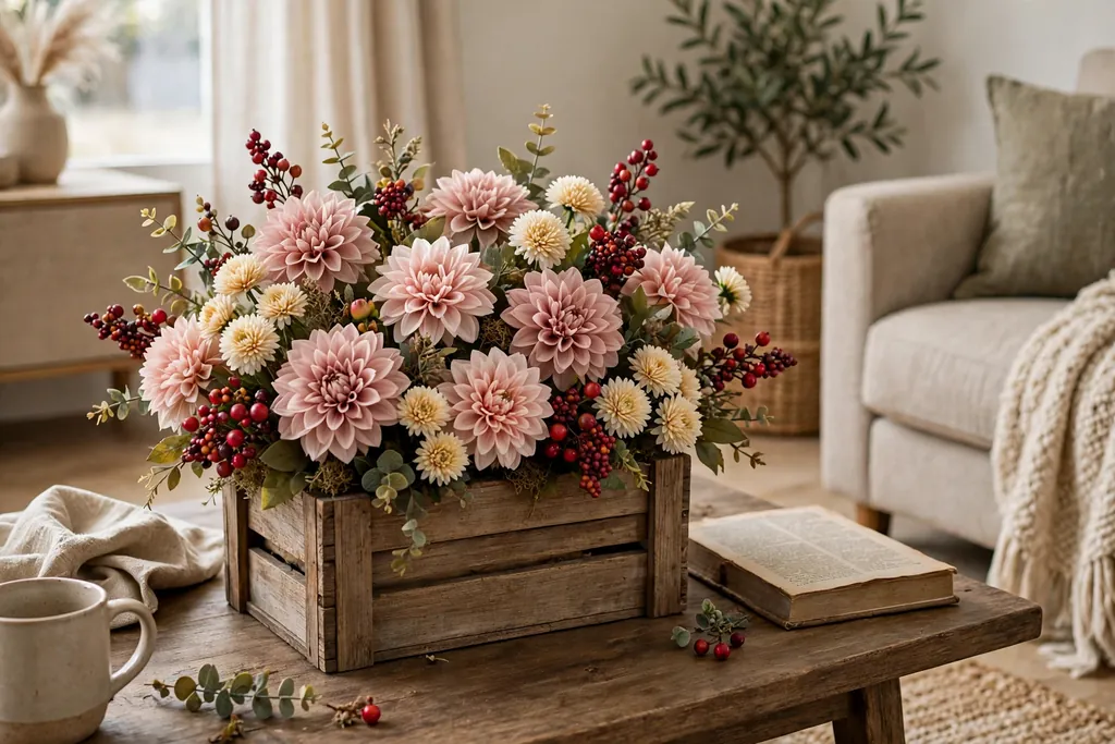 Wooden box of artificial dahlias and berries on a coffee table.