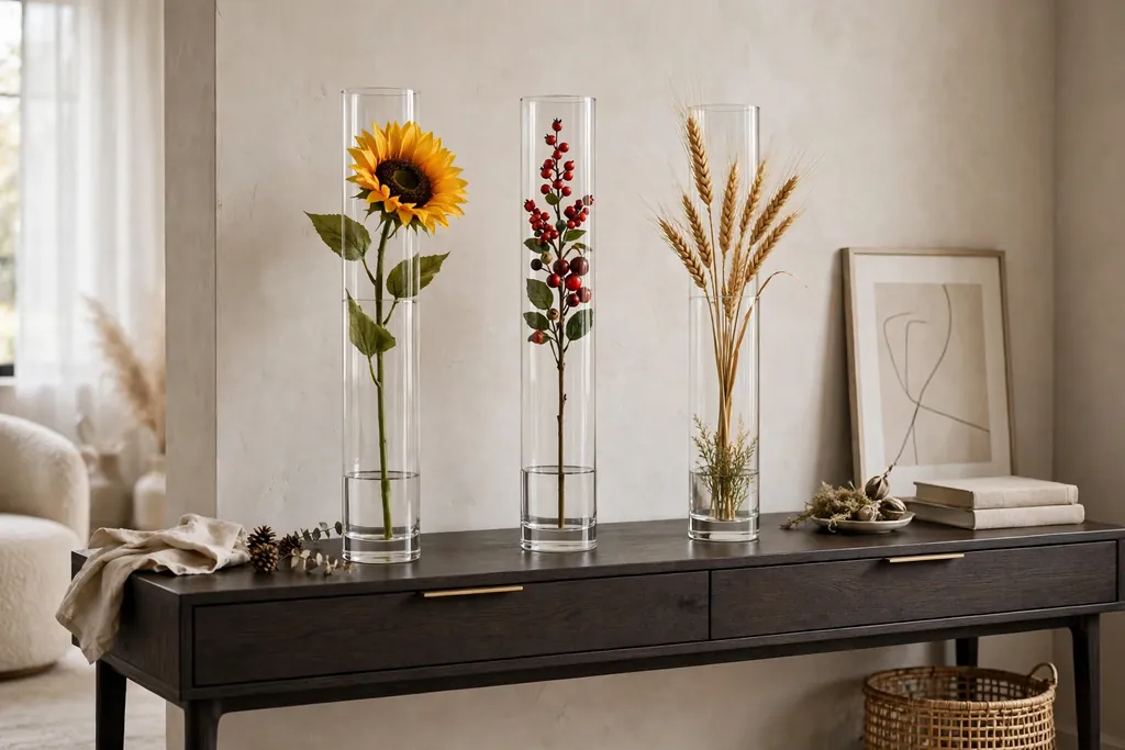 Three slim glass cylinders with single artificial stems on a console.