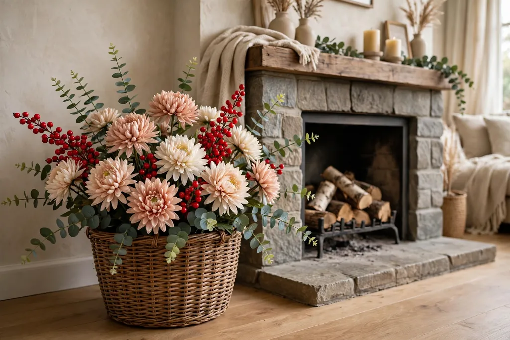 Woven basket of artificial mums with berries and eucalyptus.