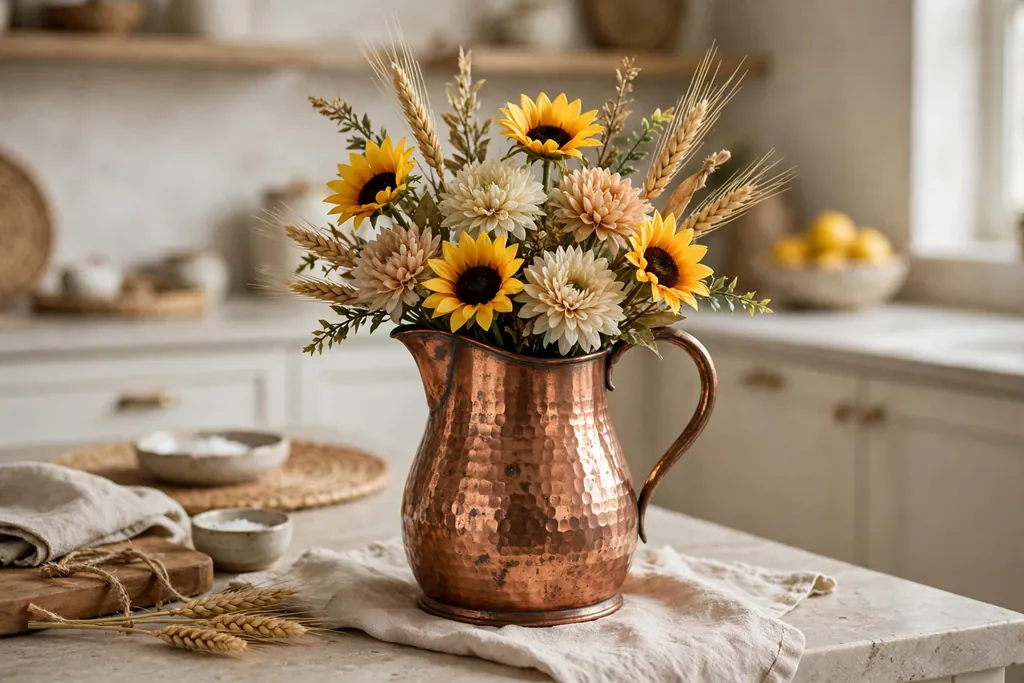 Copper pitcher with artificial sunflowers and wheat on a kitchen counter.