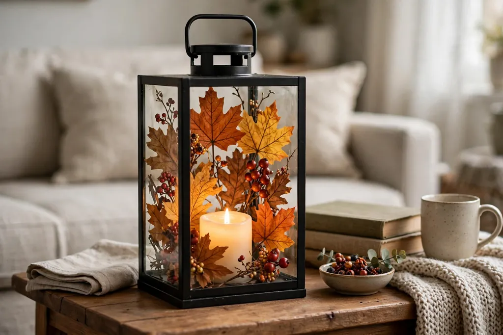 Glass lantern with artificial fall leaves and a battery candle.