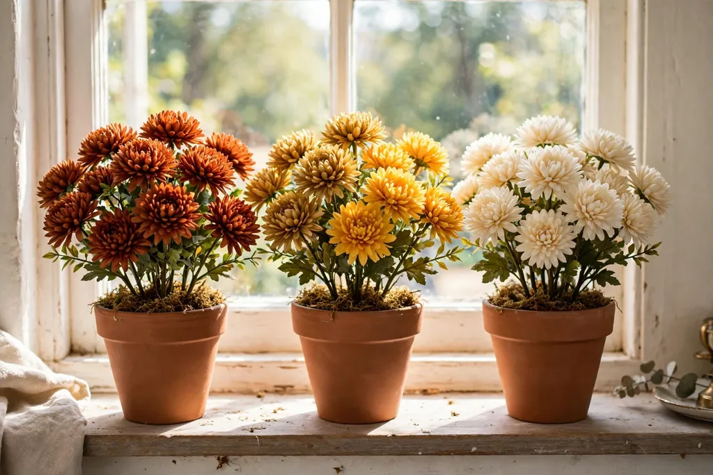 Three terracotta pots of artificial mums on a windowsill.