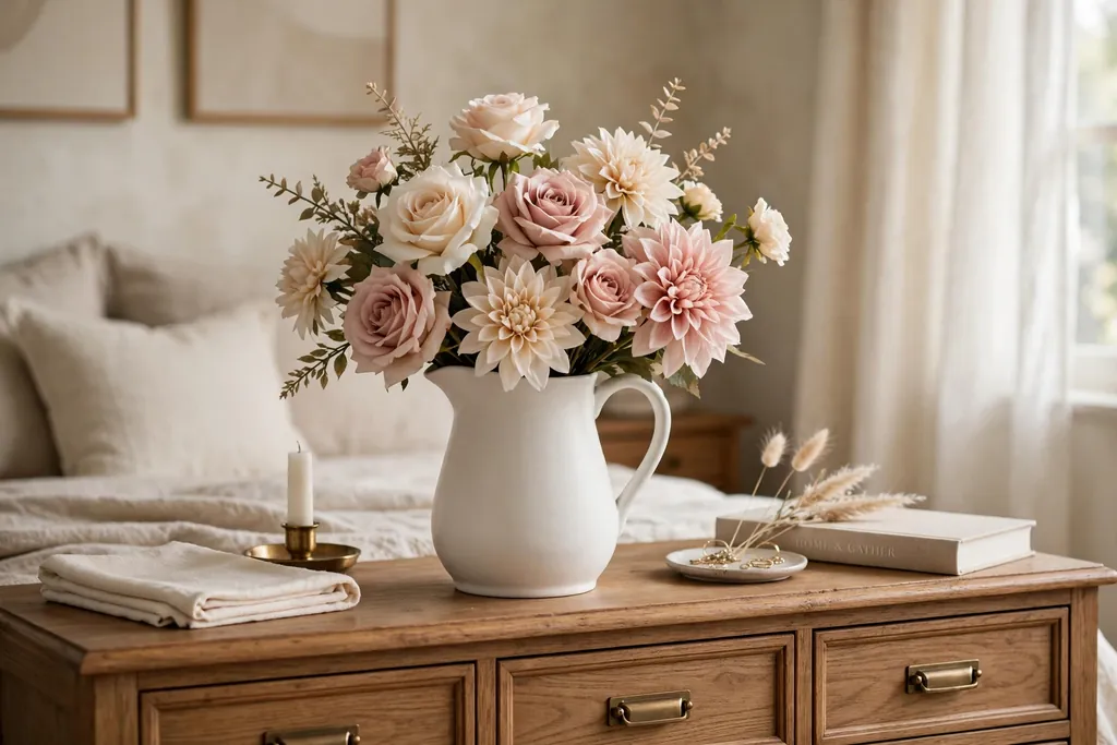 White pitcher with cream and blush artificial roses on a dresser.
