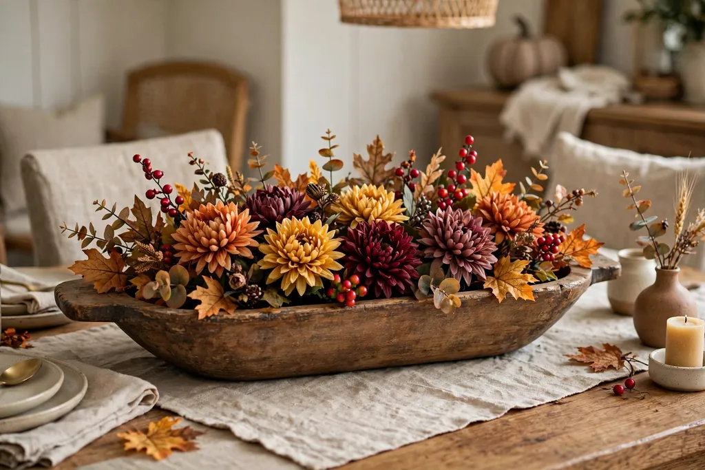 Wooden dough bowl of artificial mums and berries on a dining table.