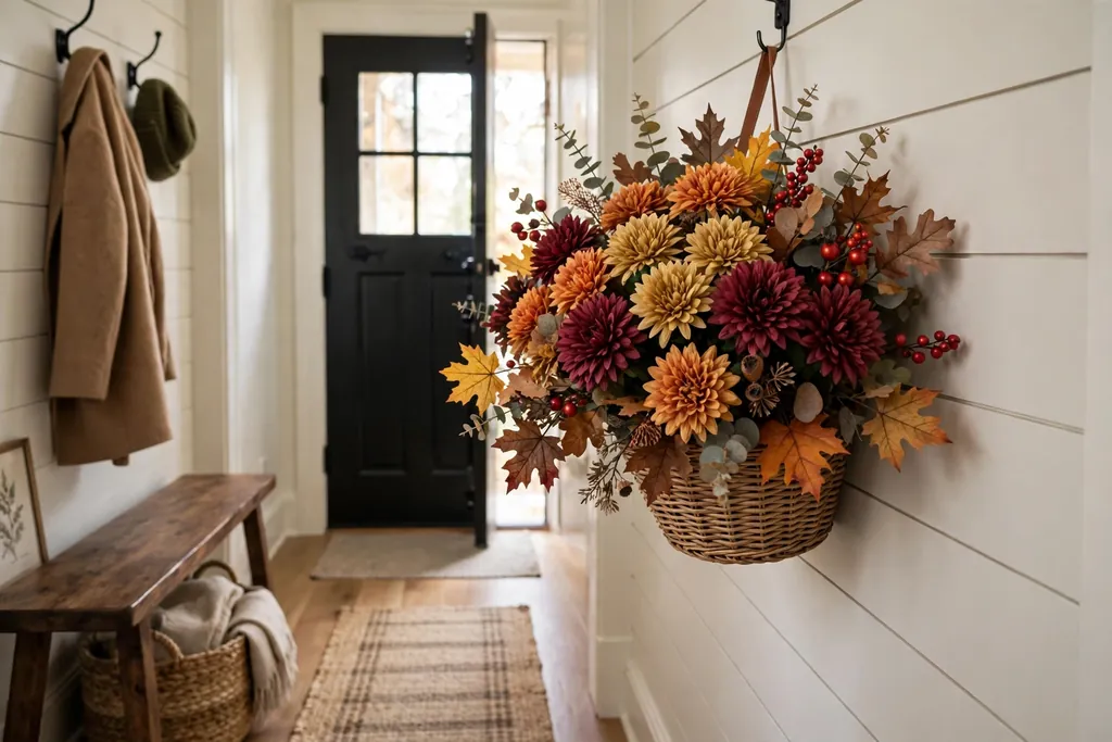 Wall basket of artificial mums and berries in a narrow entry.