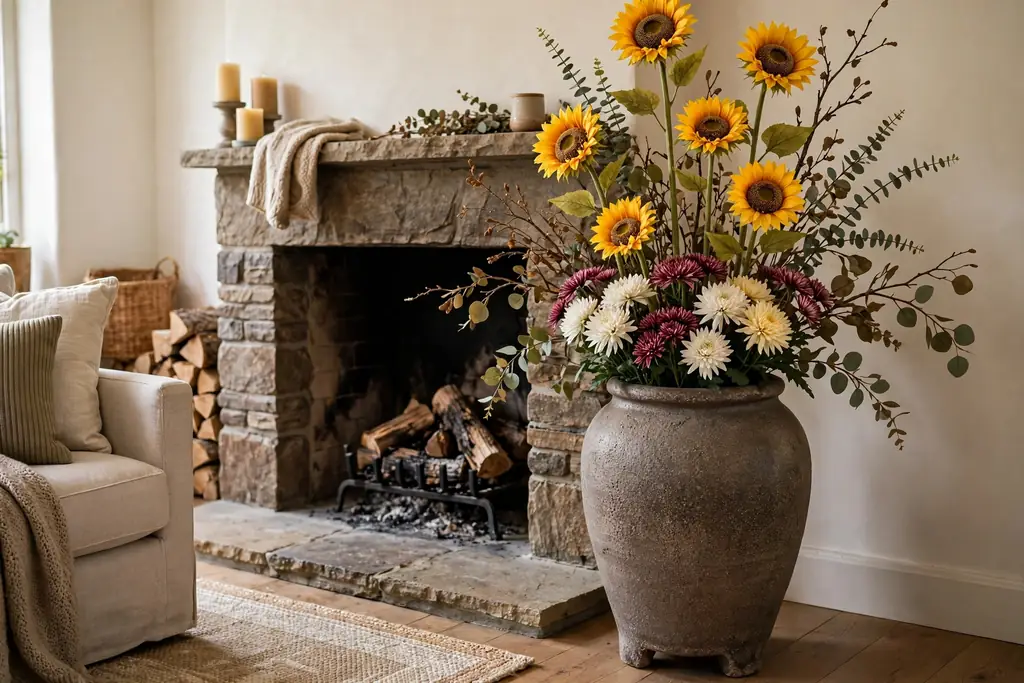 Oversized floor urn with tall artificial sunflowers beside a fireplace hearth.