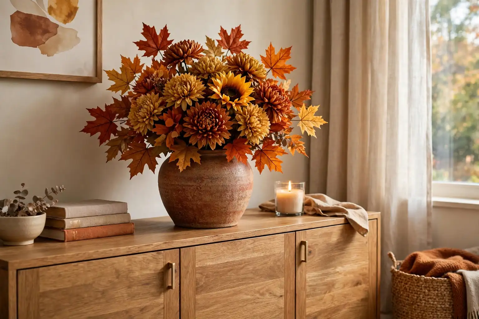 Large ceramic vase of rust and gold artificial fall flowers on a living room sideboard.