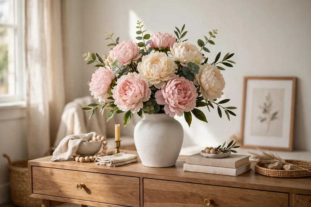Real touch peonies in blush and cream in a white ceramic vase on a living room console.