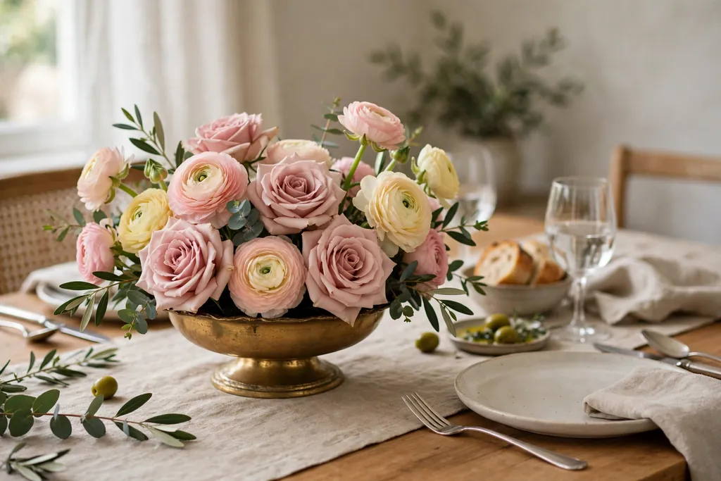 Roses and ranunculus in a low gold compote on a dining table set for a meal.