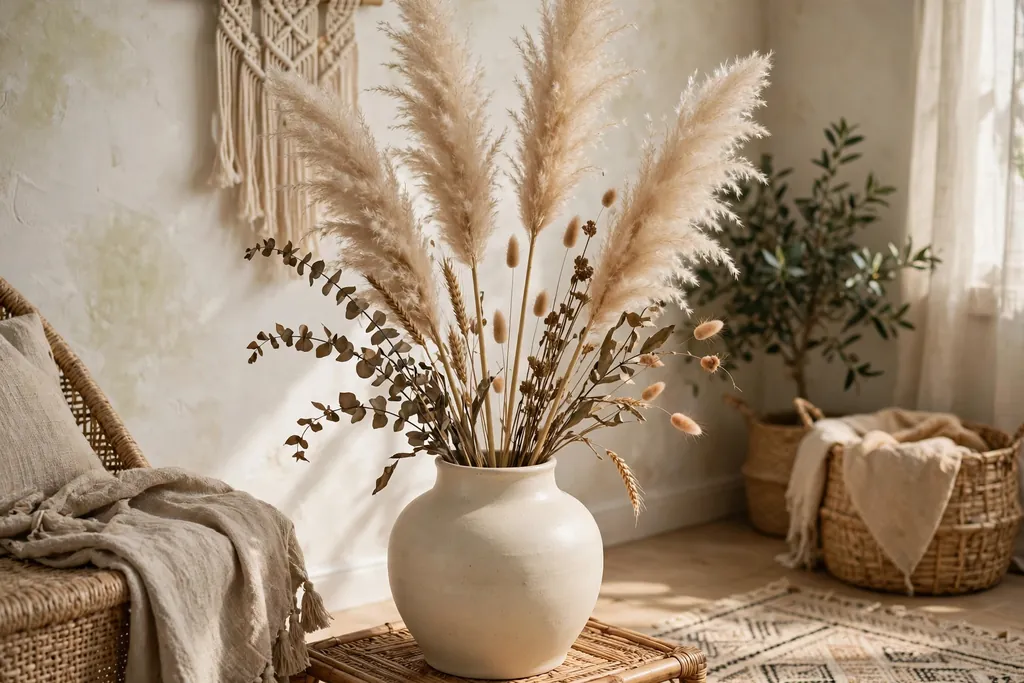 Tall pampas grass plumes and dried look stems in a cream ceramic vase in a boho living room corner.