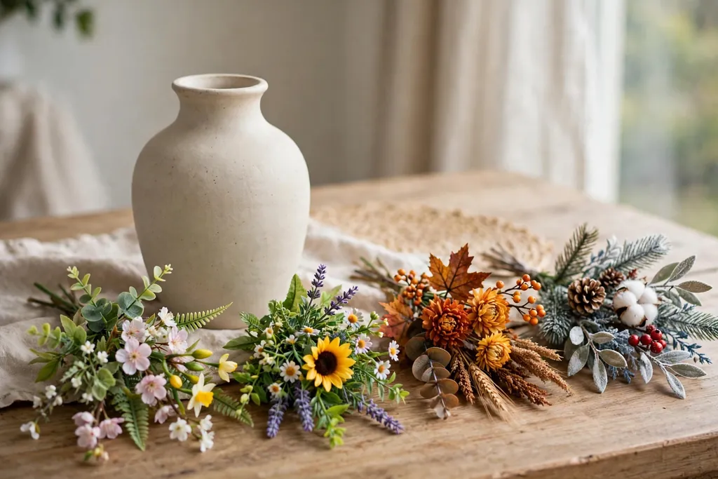 One neutral vase with four sets of artificial stems for spring, summer, autumn, and winter arranged beside it.
