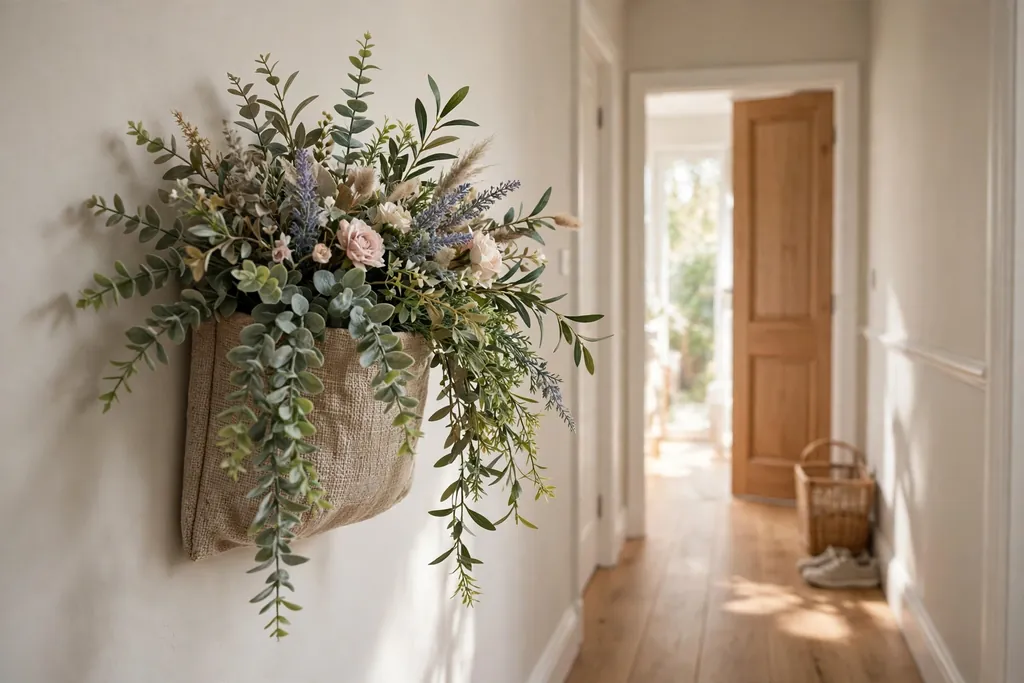 Wall pocket planter with artificial blooms and leafy sprays spilling over the front edge in a narrow hallway.
