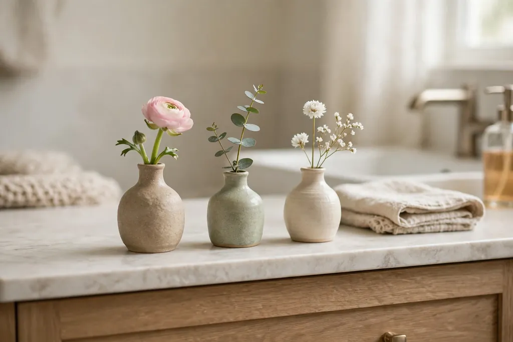 Trio of small bud vases with single short stems on a bathroom vanity.