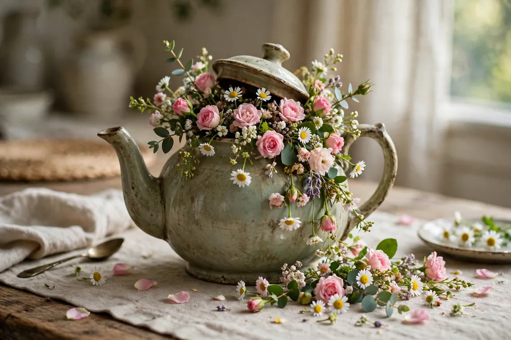 Vintage teapot with small roses and daisies spilling from its opening on a tea table.