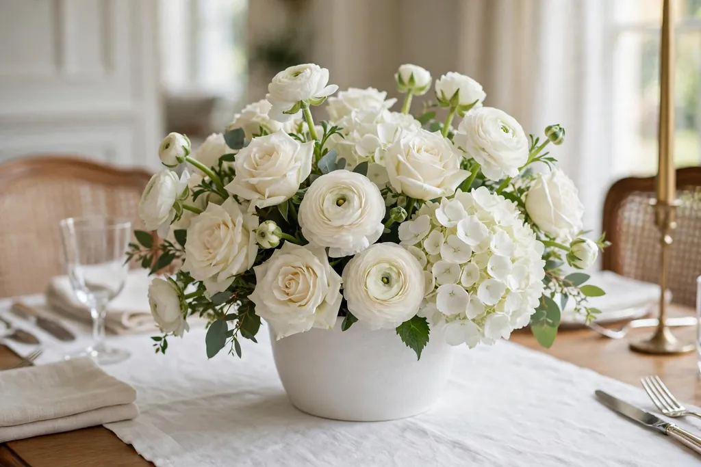 All white roses, ranunculus, and hydrangeas in a white container on a formal dining table.