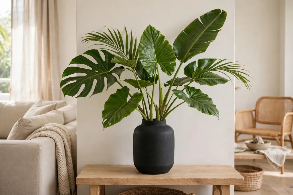 Tropical stems with large green leaves in a matte black vase against a light wall in a modern living room.