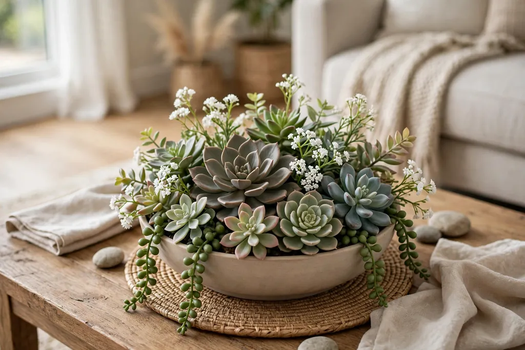 Faux succulents and small white blooms in a shallow bowl on a coffee table.