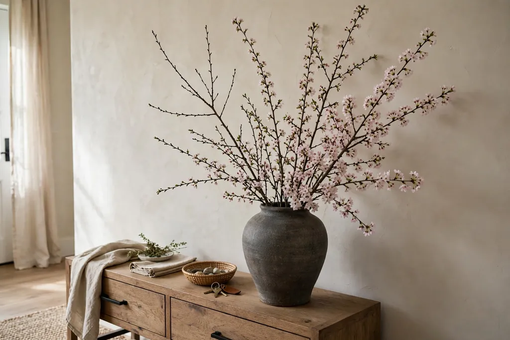 Asymmetrical arrangement of tall blossom branches with small blooms on one side in a heavy vase on an entry console.