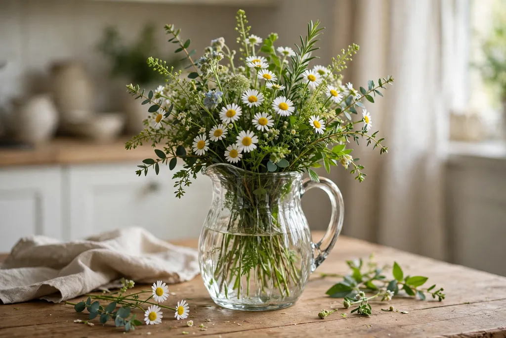 Wildflower mix of small daisies and greenery in a clear glass pitcher on a kitchen table.
