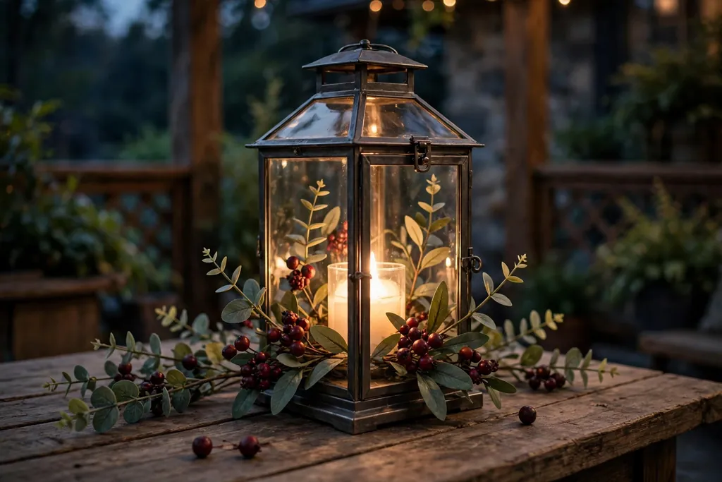Glass lantern with artificial leaves, berries, and a battery candle glowing on a porch table in the evening.