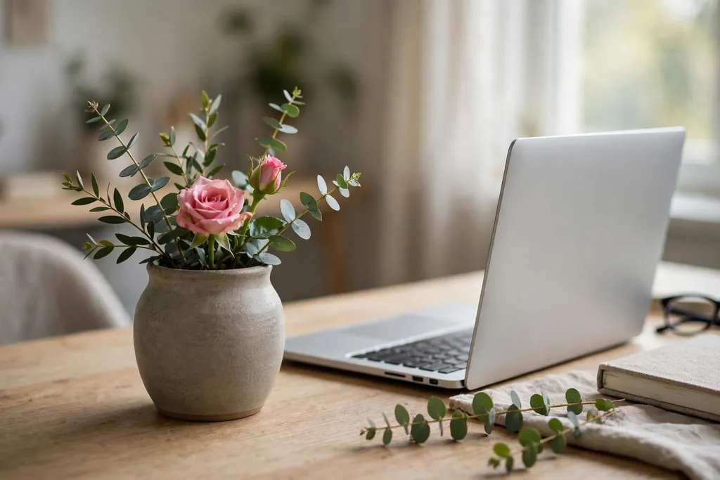 Small stoneware pot with short rose and eucalyptus stems on a home office desk beside a laptop.