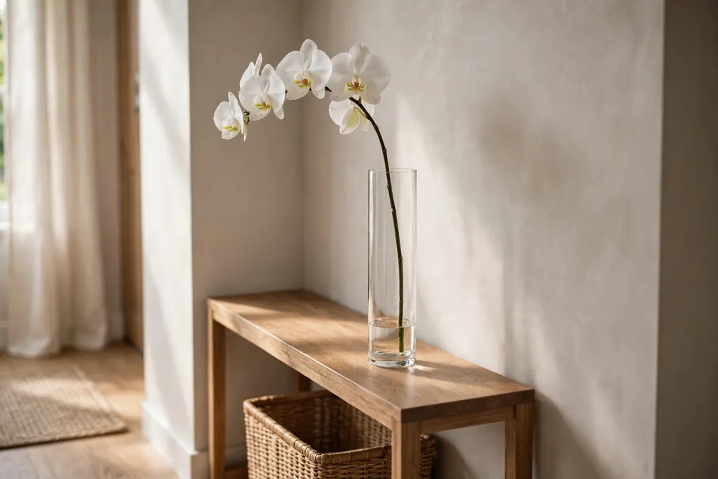 Single white orchid stem in a tall slim glass vase on a narrow entryway console.