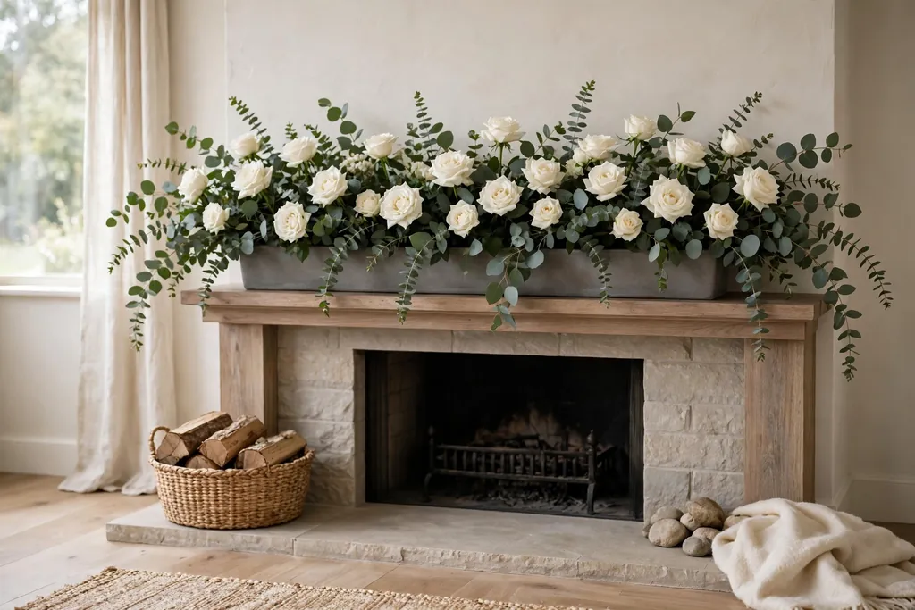 Long low trough of white roses and eucalyptus on a fireplace mantel.