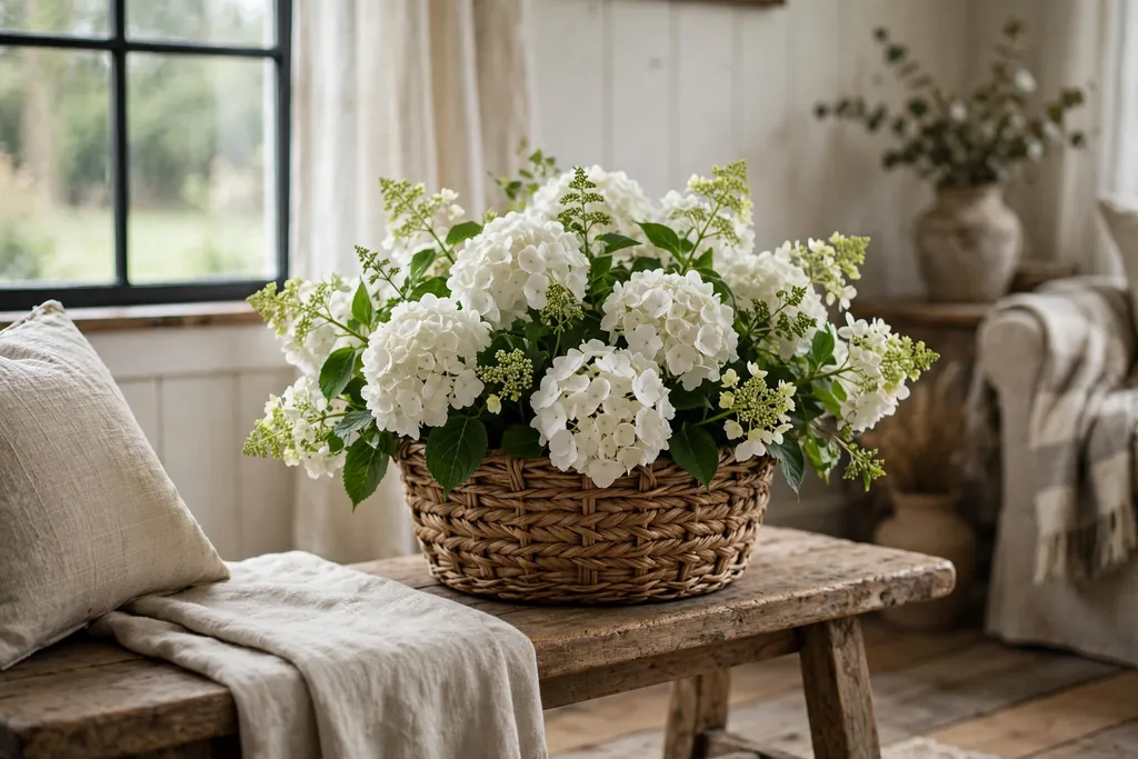 White hydrangeas in a woven basket on a bench in a farmhouse living room.