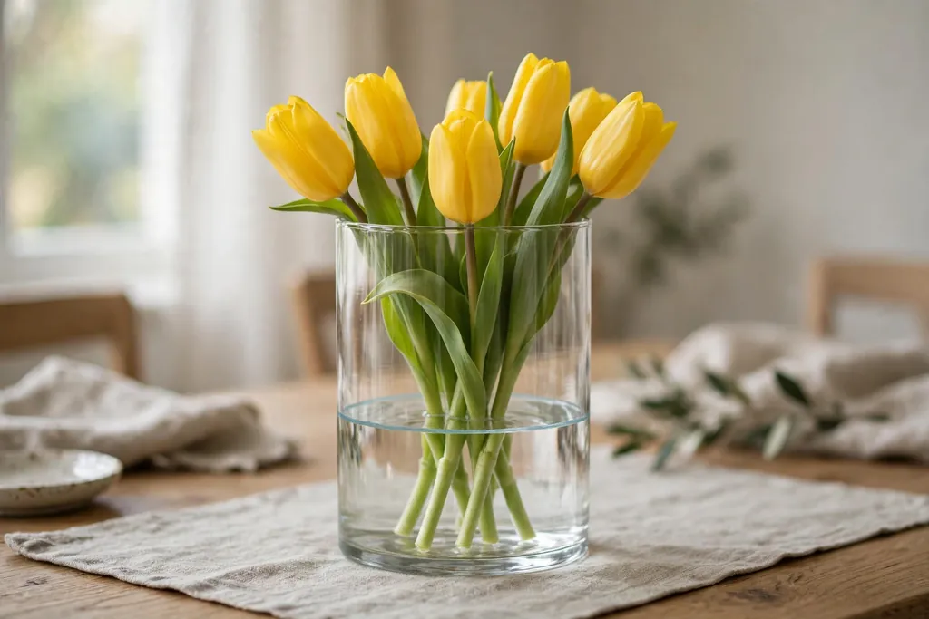 Yellow tulips in a clear glass cylinder with a faux water line on a dining table.