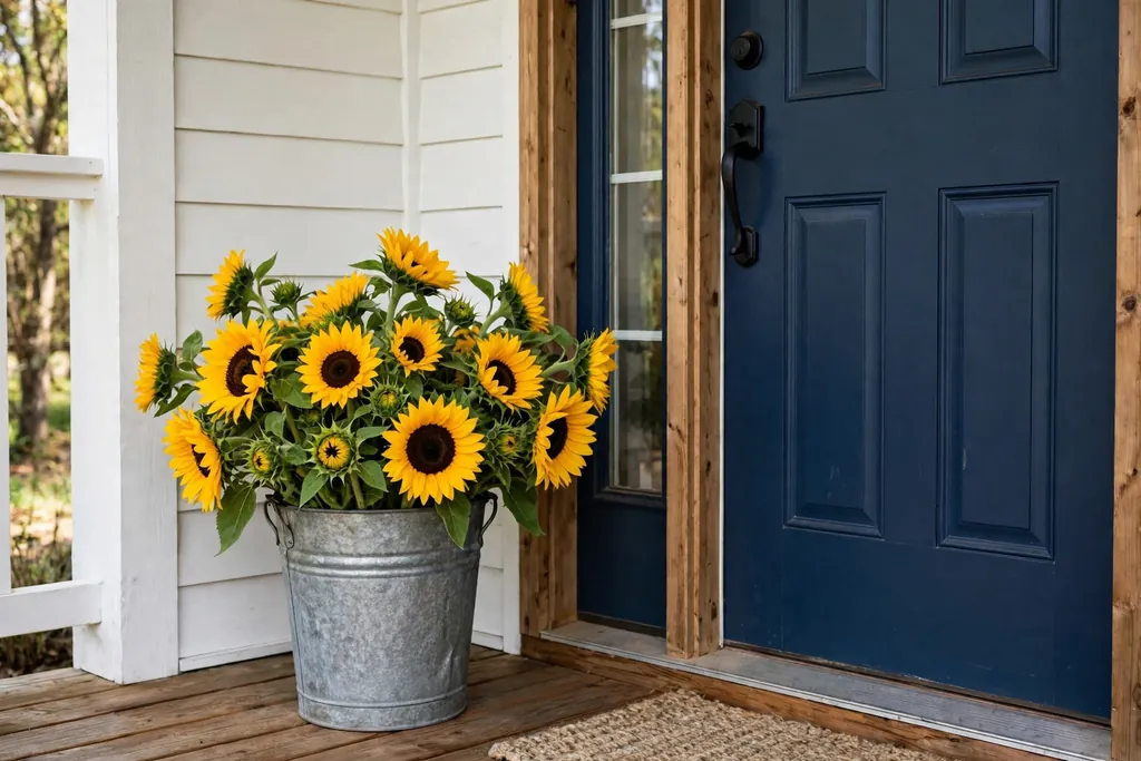 Sunflowers in a galvanized bucket beside a front door on a porch.