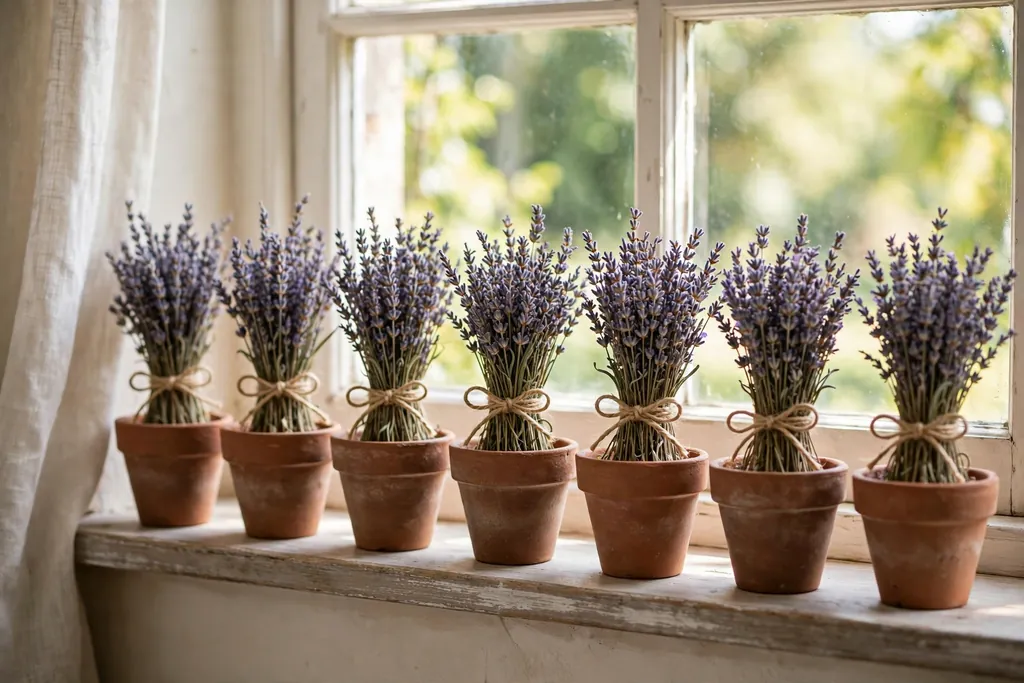 Small terracotta pots of lavender bundles lined along a sunny windowsill.